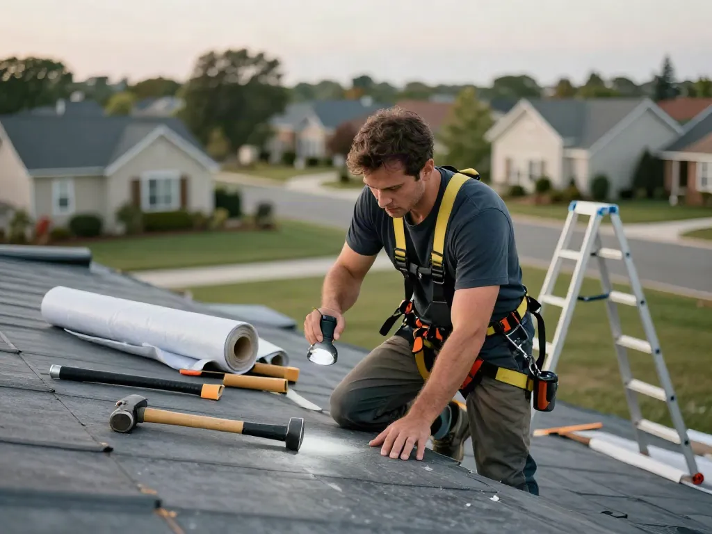 Roofer inspecting a flat roof while working with felt roofing materials in a residential setting.