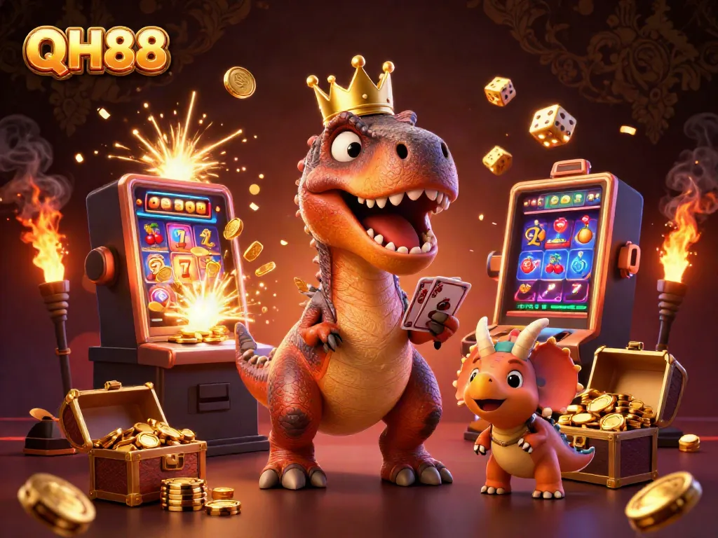 QH88 showcases a fun 3D T-Rex and friends in a vibrant casino scene with a jackpot explosion.