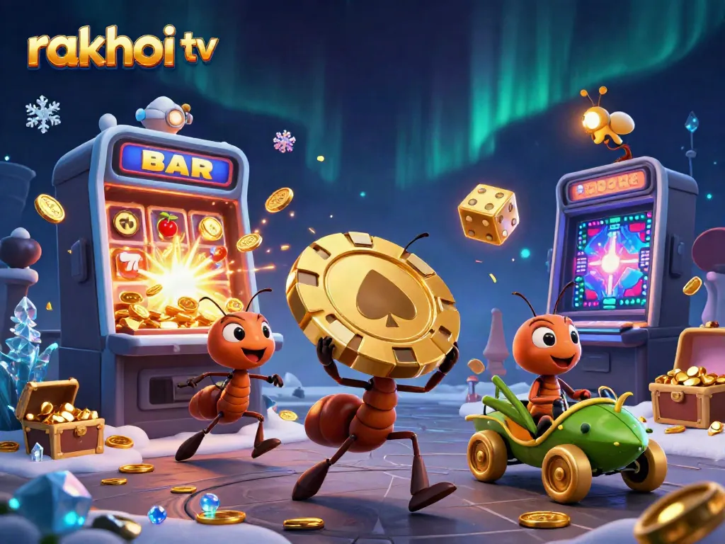 Enjoy live action with Rakhoi TV featuring ants heisting a giant poker chip amidst explosive casino visuals.