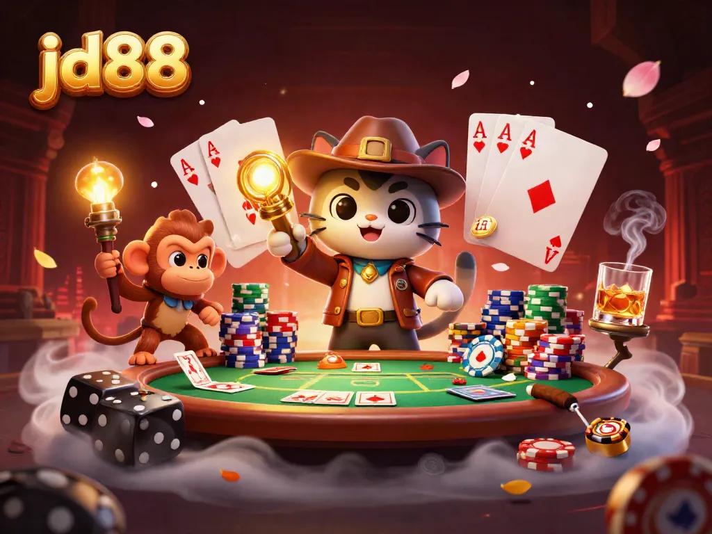 Experience the vibrant and dynamic world of jd88 with a cartoon archaeologist cat uncovering treasures in a casino.