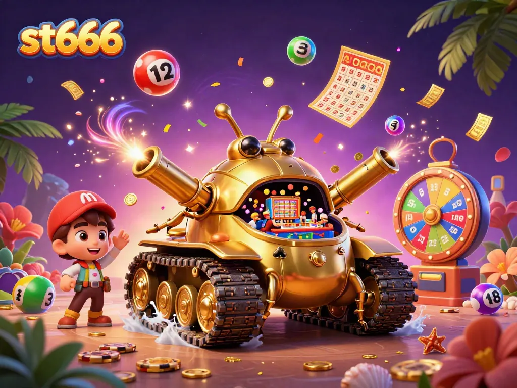 Experience st666 with a vibrant 3D illustration showcasing a golden beetle casino tank, bursting with lottery fun.