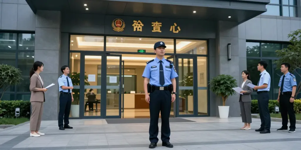 Security Guard patrolling a corporate building, ensuring local business safety.
