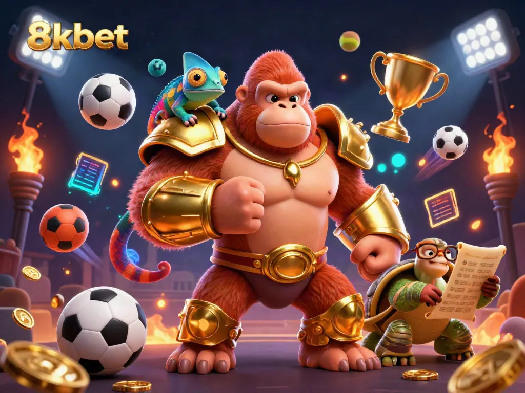 8xbet bettors enjoying a dynamic casino scene with a golden gorilla and colorful chameleon.