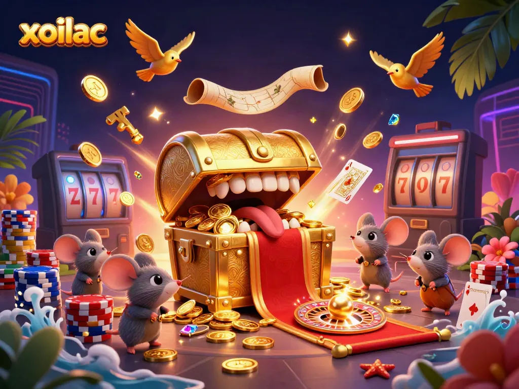 Engage with xoilac's enticing 3D casino adventure featuring treasure chests and animated gold coins.