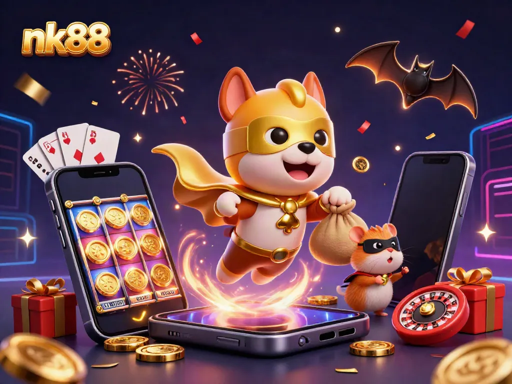 Experience the excitement of nk88 with our vibrant casino-themed 3D illustration featuring playful characters and gaming elements.