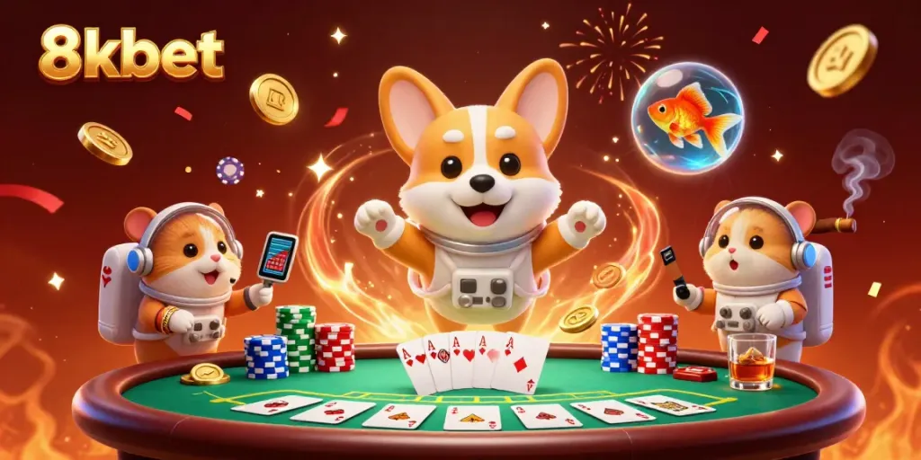 Experience the thrill of gaming with 8xbet in a colorful cosmic casino scene featuring playful characters.