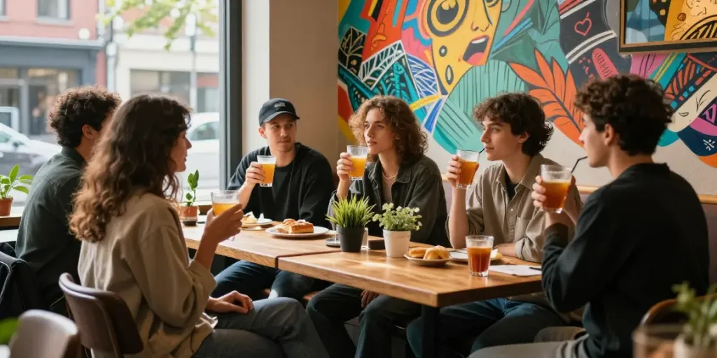 Social gathering at a café showcasing rokok88 alternatif streetwear trends and vibrant urban culture.