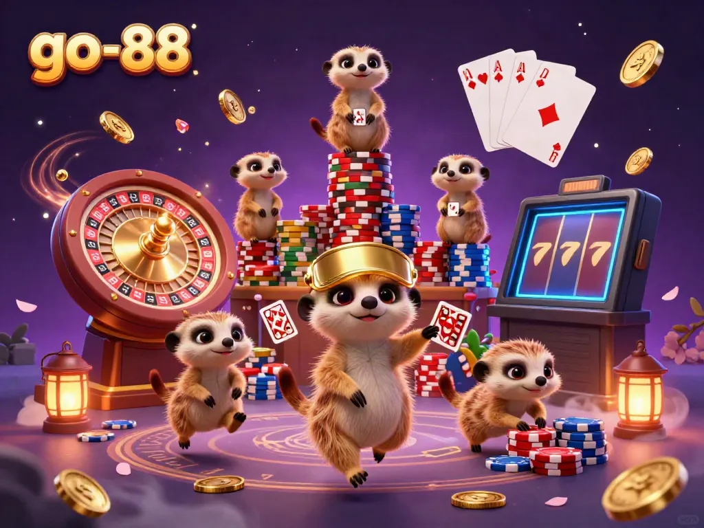 Engage in vibrant casino fun at go-88 with animated meerkats amid swirling lights and gleaming chips.