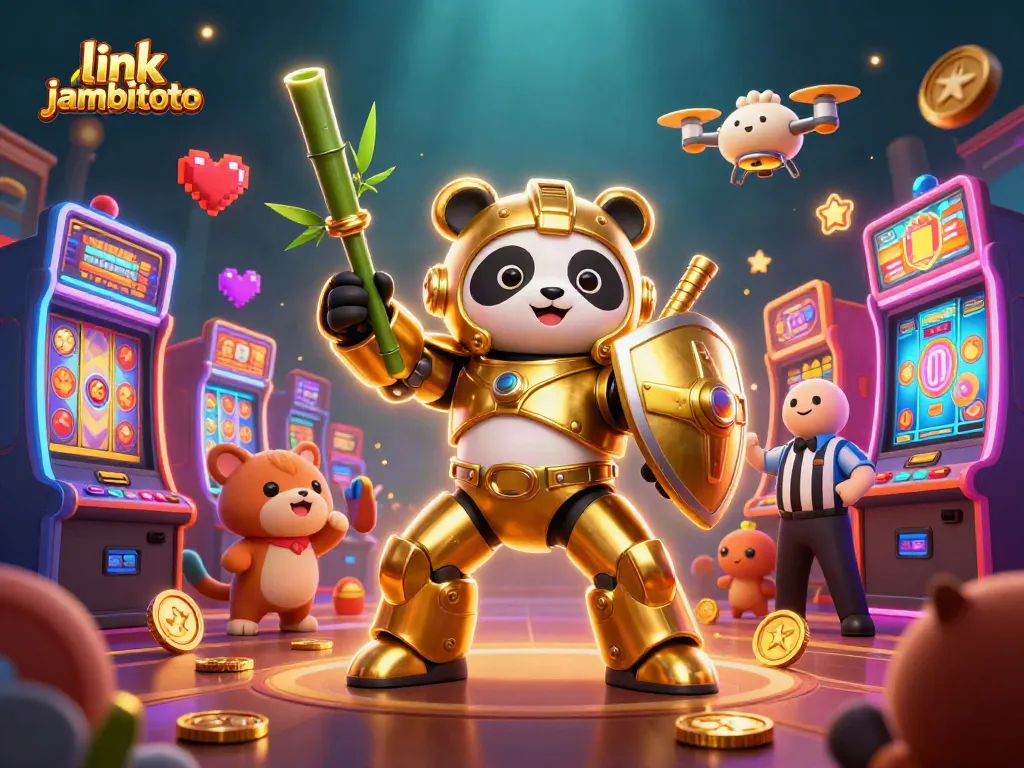 Crowd cheering around a mech-suit panda piloting a robot while playing link jambitoto slot machines, vibrant scene.