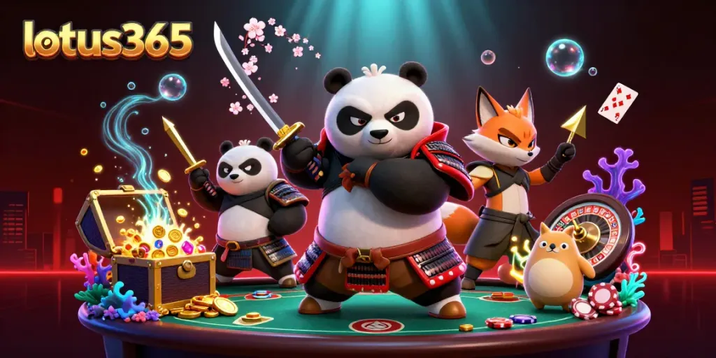 Experience the thrill of lotus365 with a dynamic casino scene featuring samurai panda and a ninja fox.