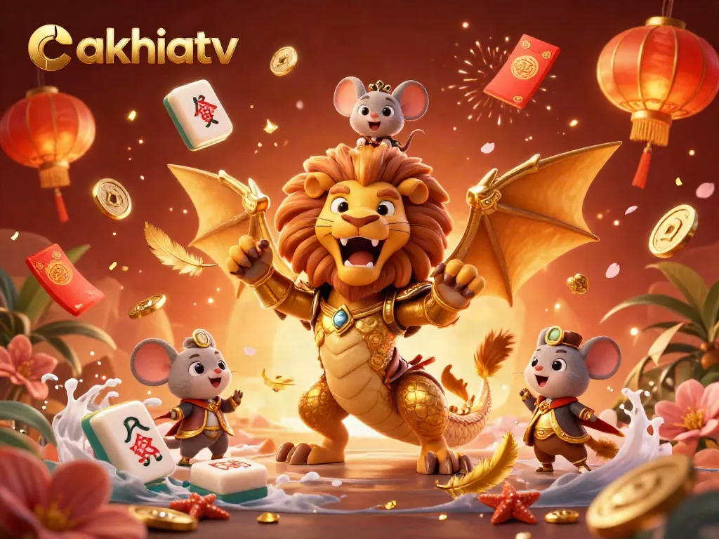 Cakhiatv showcases an exciting gambling illustration, featuring a golden-armored chimera and a mouse jockey amidst vibrant casino-themed décor.