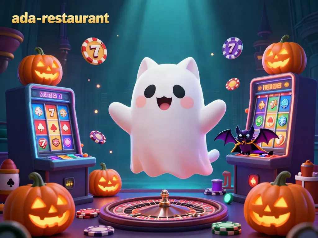 Join the ada-restaurant ghost cat as it floats through a vibrant haunted casino, filled with slot machines and poker elements.