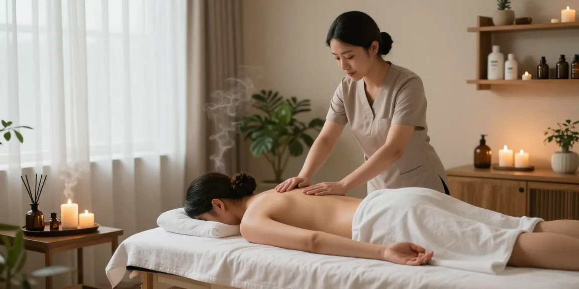 서울출장마사지 session with a therapist applying soothing techniques in a serene studio.