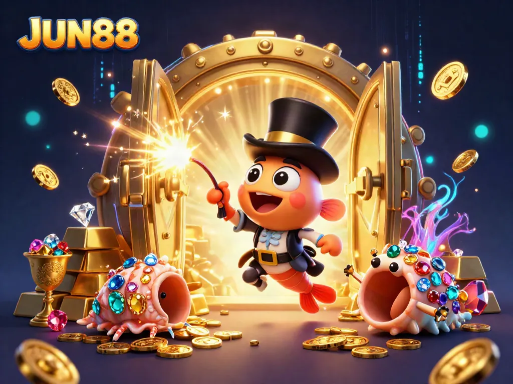 Engage with JUN88's thrilling casino offerings, featuring dynamic characters and treasures in a vibrant 3D scene.