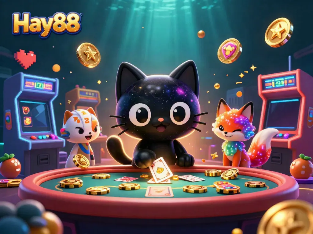 Experience the thrilling universe of Hay88, with cosmic characters at a dynamic casino table surrounded by flashing slot machines.