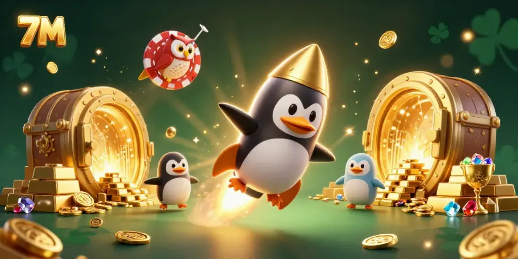 Bet on fast-paced action with 7M featuring a golden penguin and casino elements.