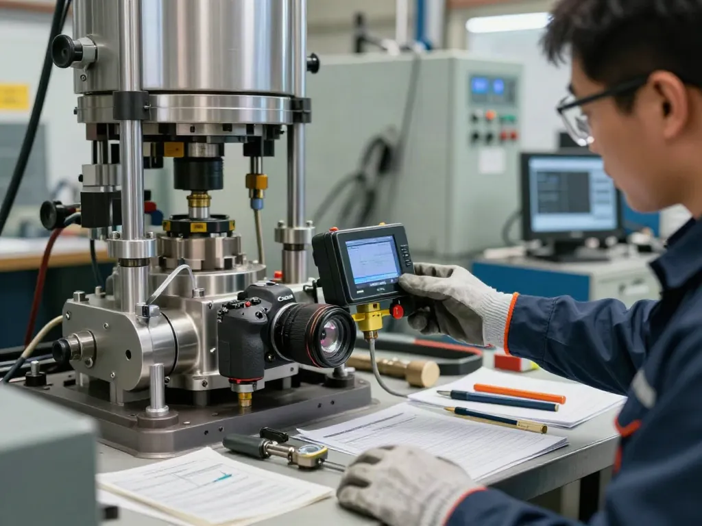 Mechanical pressure switch manufacturer in an industrial setting, technician calibrating equipment.