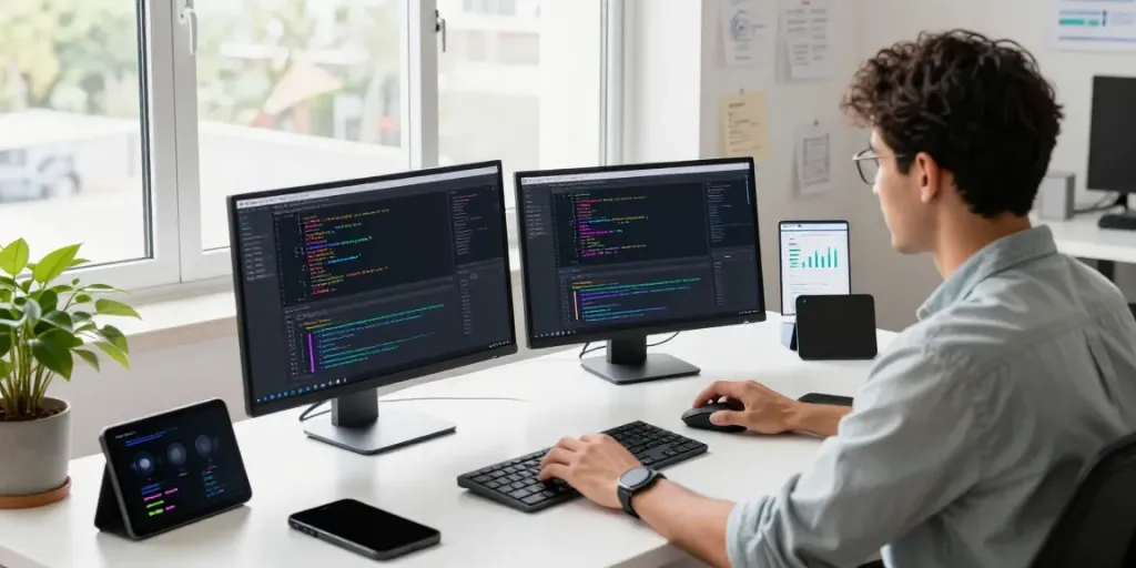 Developer engaged in coding with instant indexing tools in a modern tech workspace.
