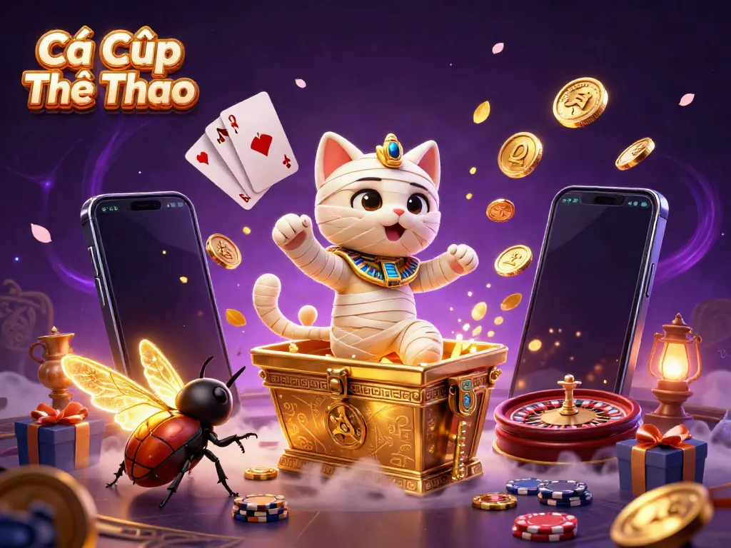Cá Cược Thể Thao - Captivating sports betting scene with a mummy cat, scarab beetle, and dynamic casino elements.