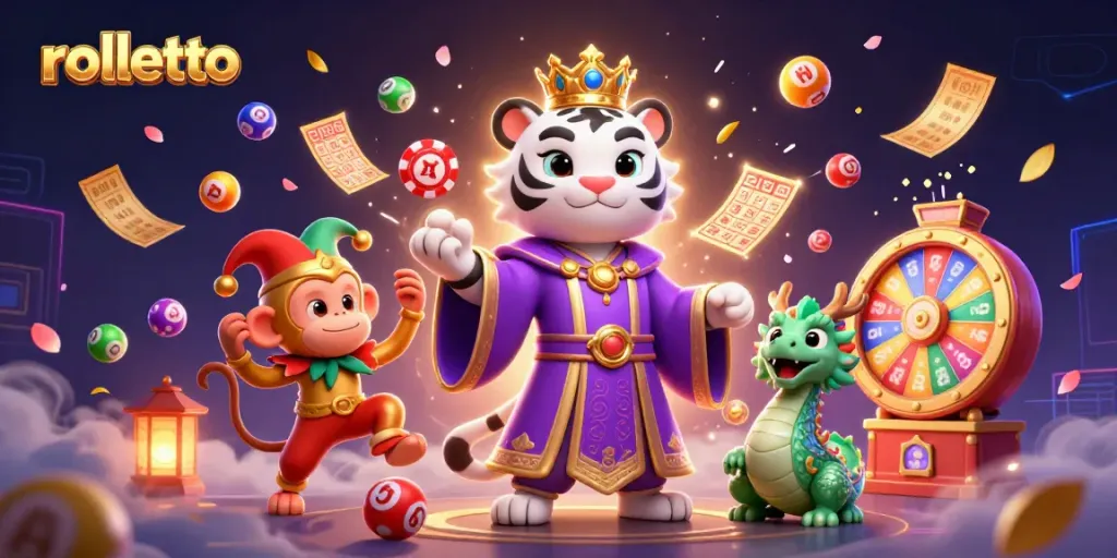 Spin and win at Rolletto with a white tiger and playful monkey surrounded by colorful lottery elements.