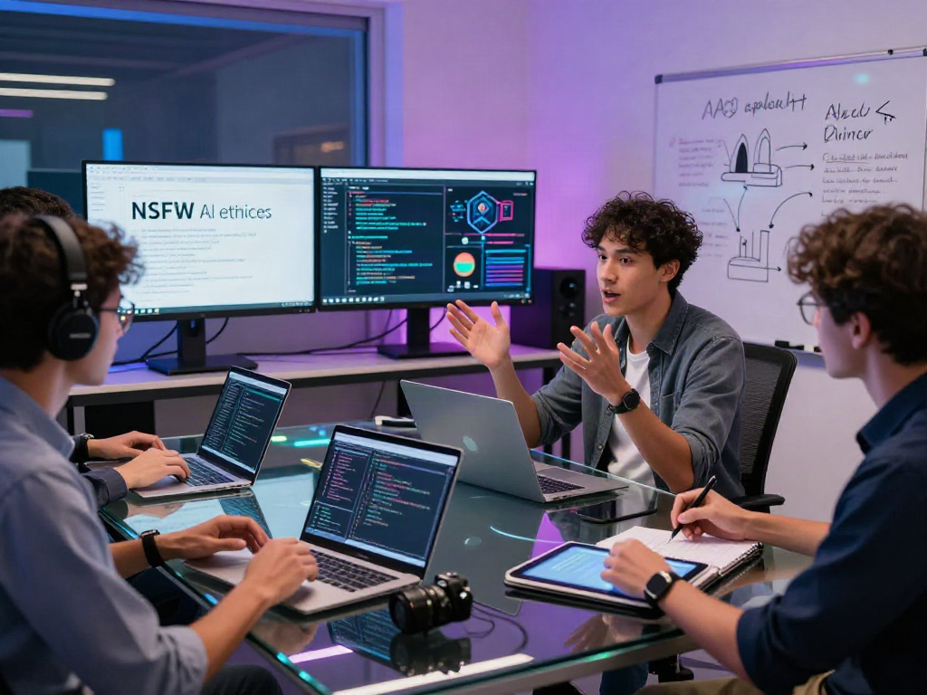Collaborative tech workspace on NSFW AI ethics featuring diverse developers engaged in teamwork.