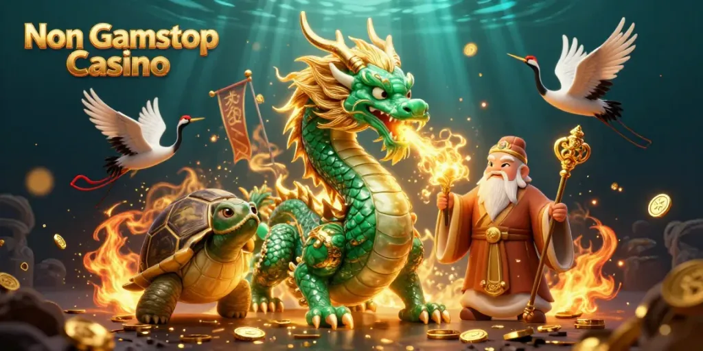 Engage with the vibrant world of Non Gamstop Casino featuring a jade dragon, turtle sage, and lucky cranes.