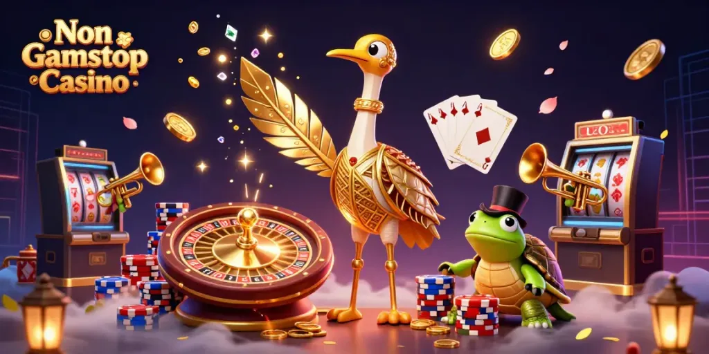 Experience the thrill of a Non Gamstop Casino with festive characters amidst golden coins and roulette