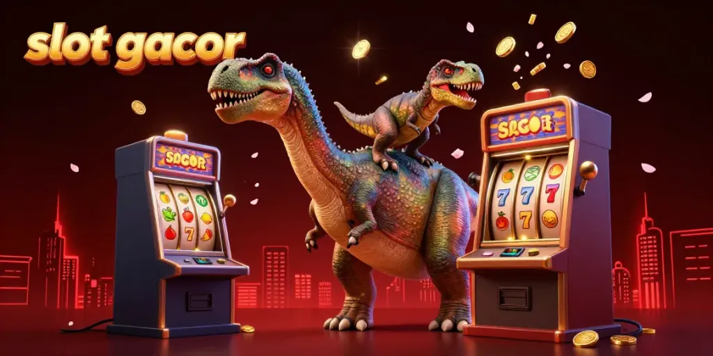 Pemain merasakan keseruan slot gacor saat melihat brontosaurus raksasa dan raptor di kasino yang menjulang tinggi.