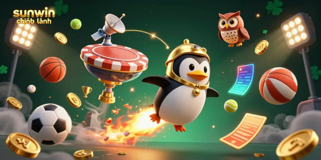 Experience excitement with sunwin chính hãng as a golden penguin races towards a casino chip space station.