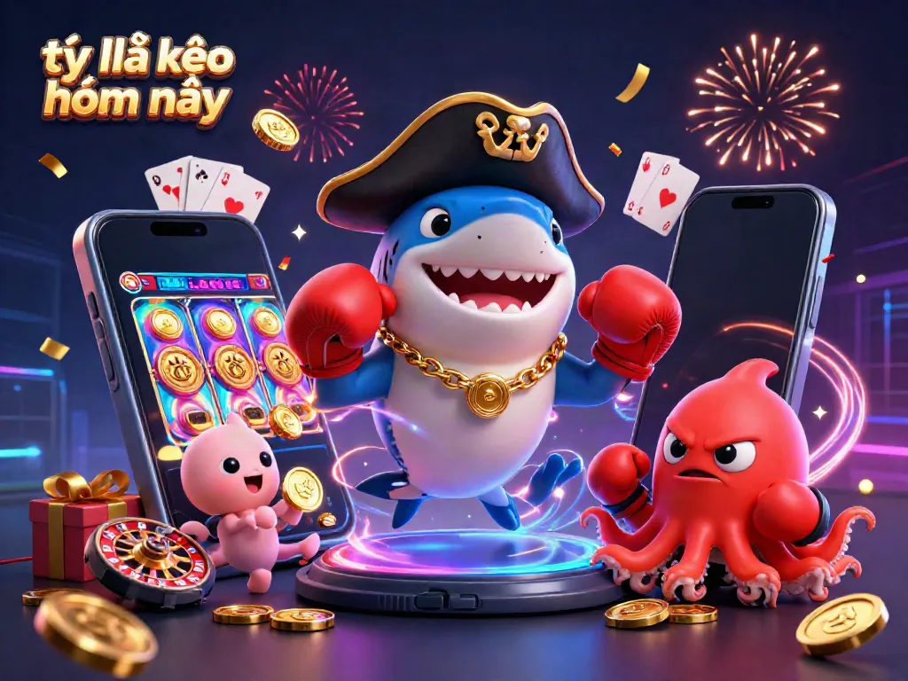 Engaging casino scene featuring tỷ lệ kèo nhà cái hôm nay with a pirate shark, boxing pufferfish, and octopus holding coins