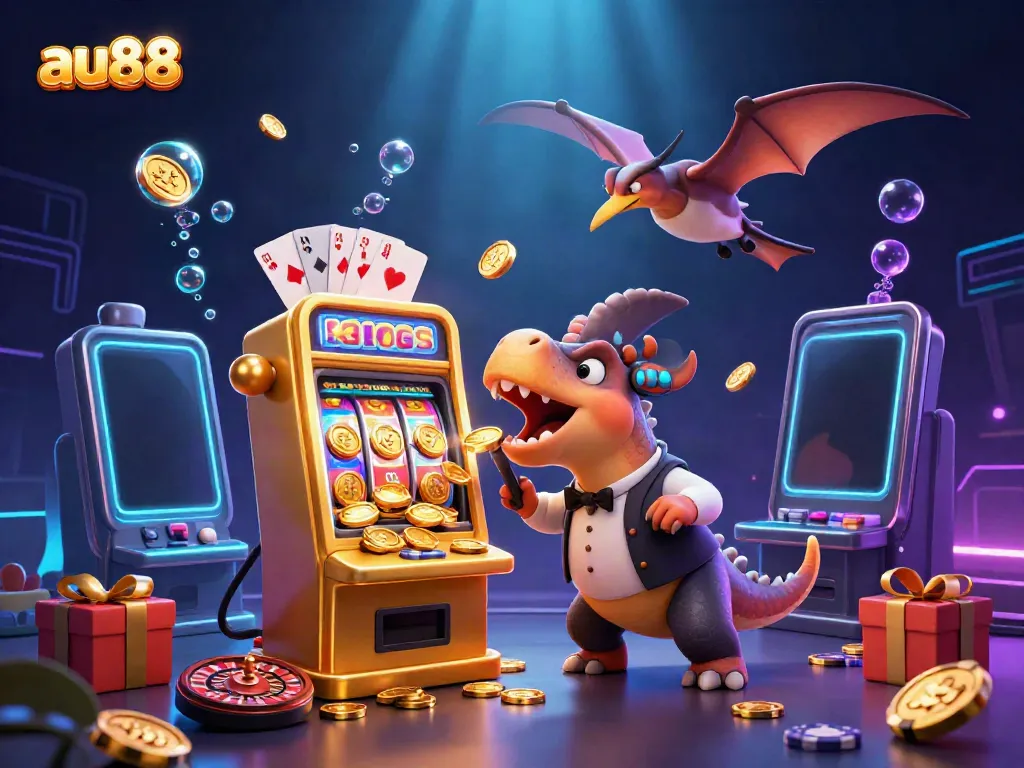 Experience thrilling jackpot wins at au88 as a pachycephalosaurus headbutts a slot machine amid flying coins.