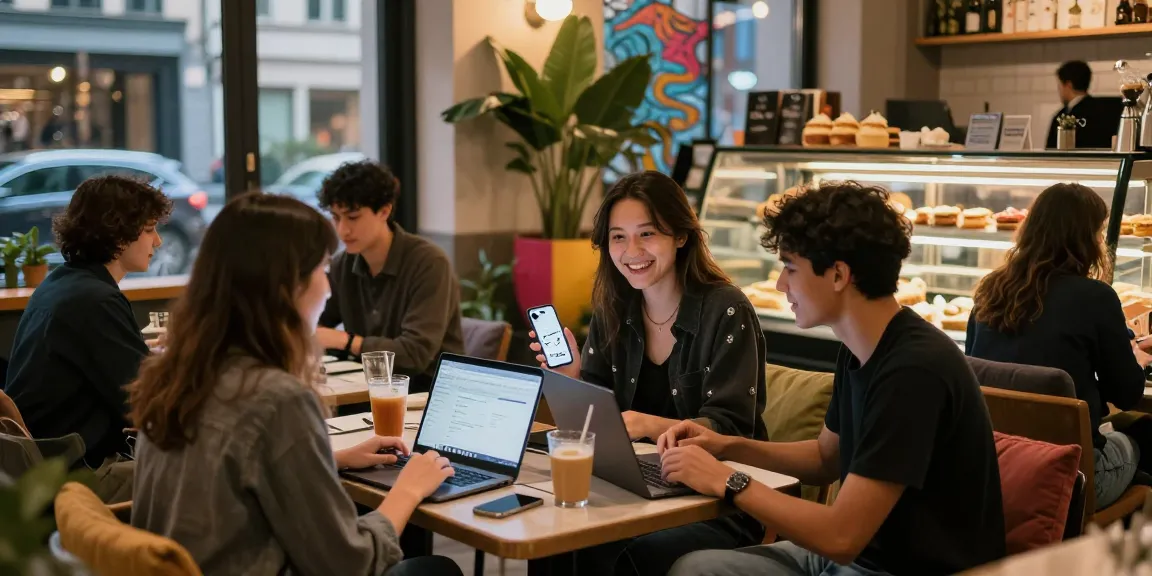Group discussing NSFW content in a vibrant urban cafe setting.