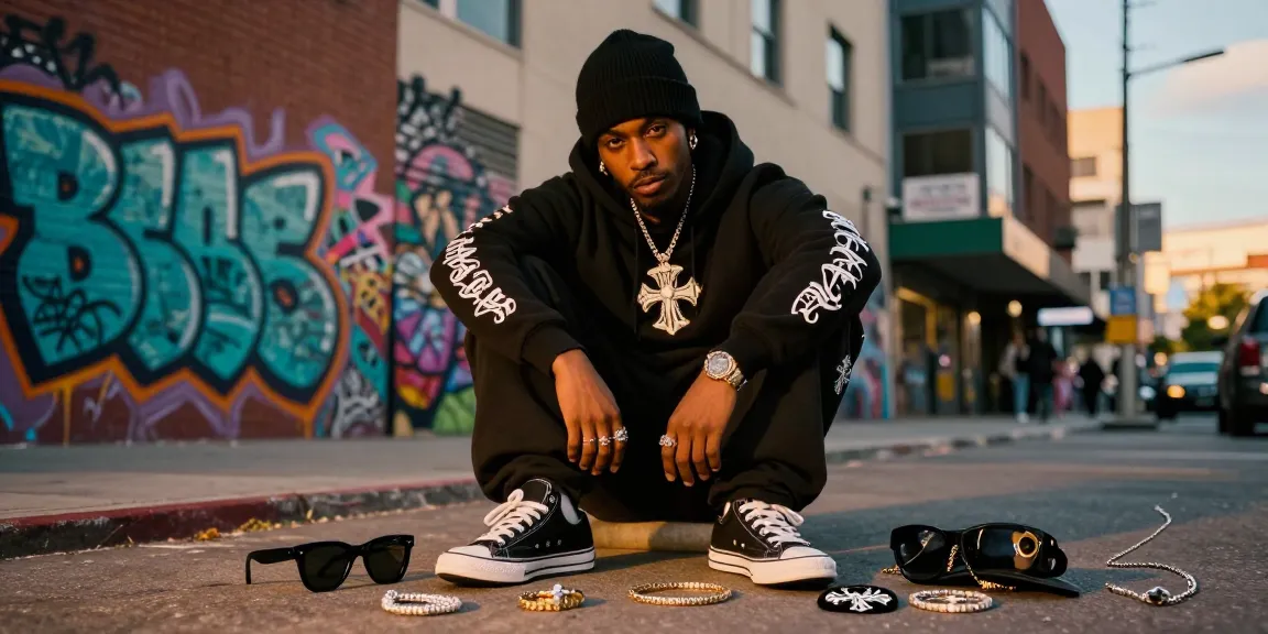 Chrome Hearts fashion scene featuring stylish hoodie, accessories, and urban backdrop