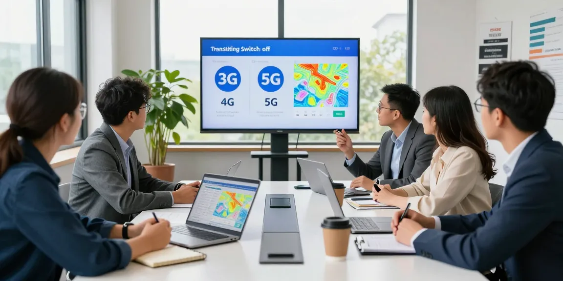 Professionals discussing the O2 3G switch off impact in a modern meeting room, showcasing analytics and coverage data.