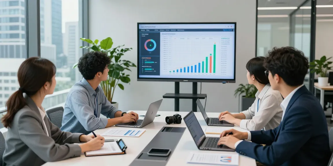 Business team analyzing half hourly meter readings in a modern office setting.