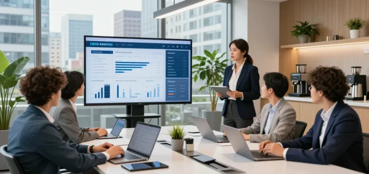 Collaboration sur le digital banking dans un bureau moderne, équipe analysant des données financières.