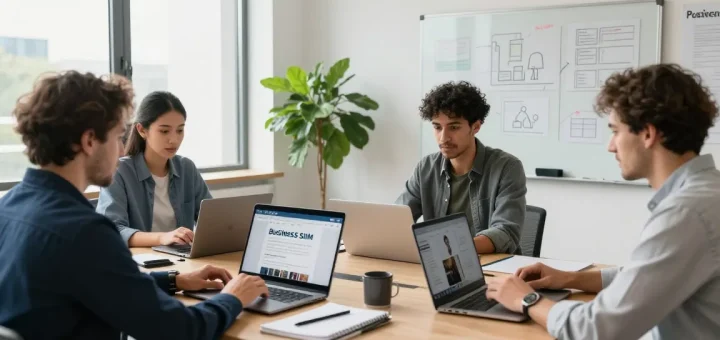 Team discussing business SIM only deals UK in a modern office setting, showcasing collaboration and technology.