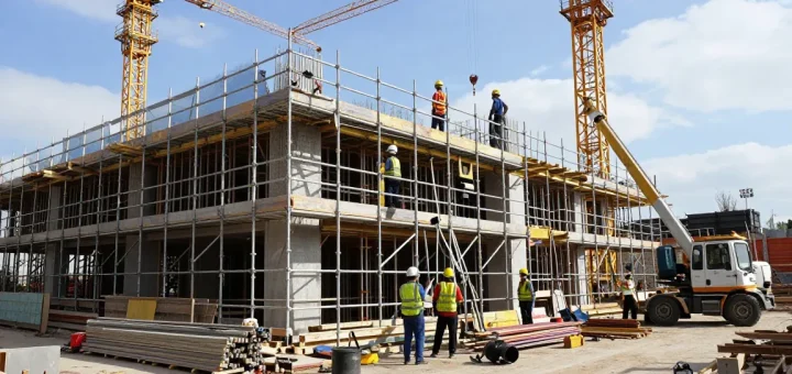 Workers erecting commercial scaffolding at a construction site, highlighting teamwork and safety.